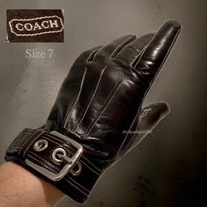 COACH leather & cashmere gloves with buckle SZ 7 dark brown silver stunning cond